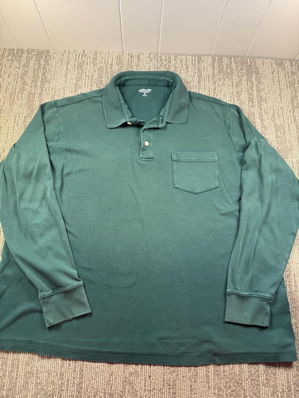 Lands' End Polo Shirt Mens XL Green Long Sleeve Traditional Fit Tagless Casual